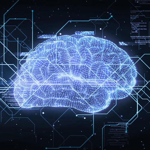 Glowing digital brain over circuit lines
