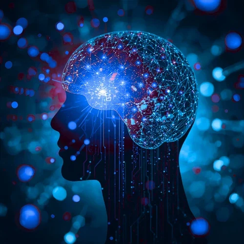 Silhouette of a head with a glowing neural network